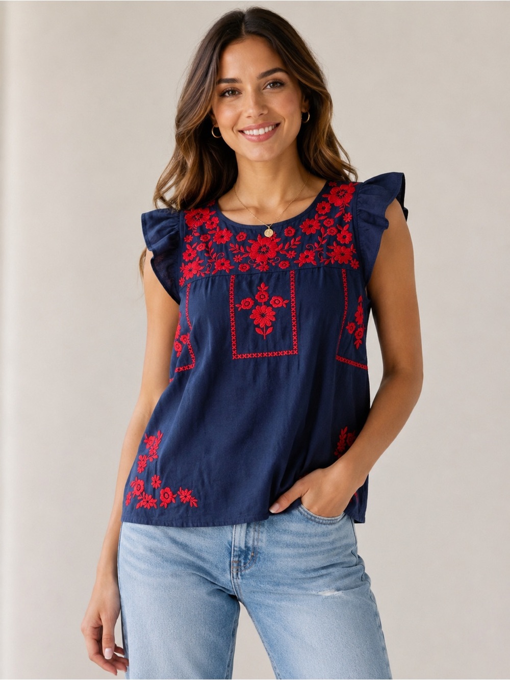 Savanna Jane Embroidered Floral Boho Top Navy Red Flutter Sleeve Size Small